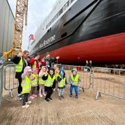 Youngsters at the launch of MV Glen Rosa at Ferguson Marine