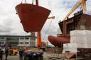The 100-tonne block lift of the bow to be connected onto Hull 802, in the Ferguson Marine shipyard in Port Glasgow