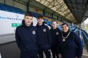 Inverclyde players set to star for Scotland from left Jamie Low, Owen Doyle and Erin O'Brien with president Gillian Duffy