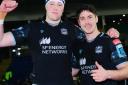 Rhu Hart, left, with team-mate on Warriors debut