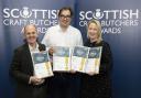 Scottish Craft Butchers Members Meeting, Glynhill Hotel, Renfrew.
Pictured from left, Harry Simpson from sponsors Dalziels, Nigel Ovens from McCaskies who won a golds in the Gourmet Pastry Awards and Alana McGowan from sponsors Scotweigh.
Picture by