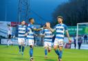 Morton players celebrate goal by George Oakley against Montrose