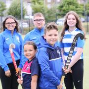 Morton in the Community Hockey. front Iona Quigley, Murray Brown. Back from left Niamh , Liam McCahill,  Raichael Foley.
