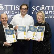 Scottish Craft Butchers Members Meeting, Glynhill Hotel, Renfrew.
Pictured from left, Harry Simpson from sponsors Dalziels, Nigel Ovens from McCaskies who won a golds in the Gourmet Pastry Awards and Alana McGowan from sponsors Scotweigh.
Picture by