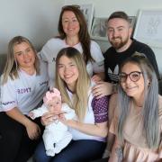 Greenock couple whose baby was born without a heartbeat raising money for SiMBA. Left to right: Carly Sandison, Nicola Provan, Rhianna Keenan, Saylor Romy Provan, Jordan Provan, Nicola Keenan.