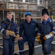 Casper Wilamowski, third year apprentice (left), John McMunagle, welding trainer (centre), and Beth Atkinson, third year apprentice (right)