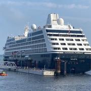 Azamara Pursuit docked at Ocean Terminal this morning, the first of nine cruise ships over nine days