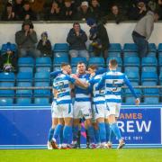 Robbie Muirhead and team-mates celebrate his winning goal v Queen's Park