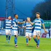 Morton players celebrate goal by George Oakley against Montrose