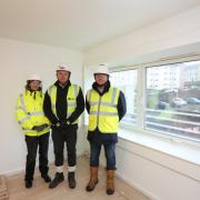 Prospecthill Court major refurbishment from left Lynn Grant, RCH, Andrew Maher, Keir Construction and Duncan Smith RCH