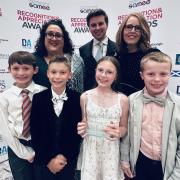 Inverkip Primary pupils with headteacher Una Nicholson, class teacher Katie D'Souza and Noel Griffin from the Watt Institution at the SAMEE Awards