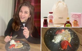 (left clockwise) Rebecca eating pancakes, M&S pancake mix, Lemon pancakes with strawberries and cream. Credit: Rebecca Carey and M&S